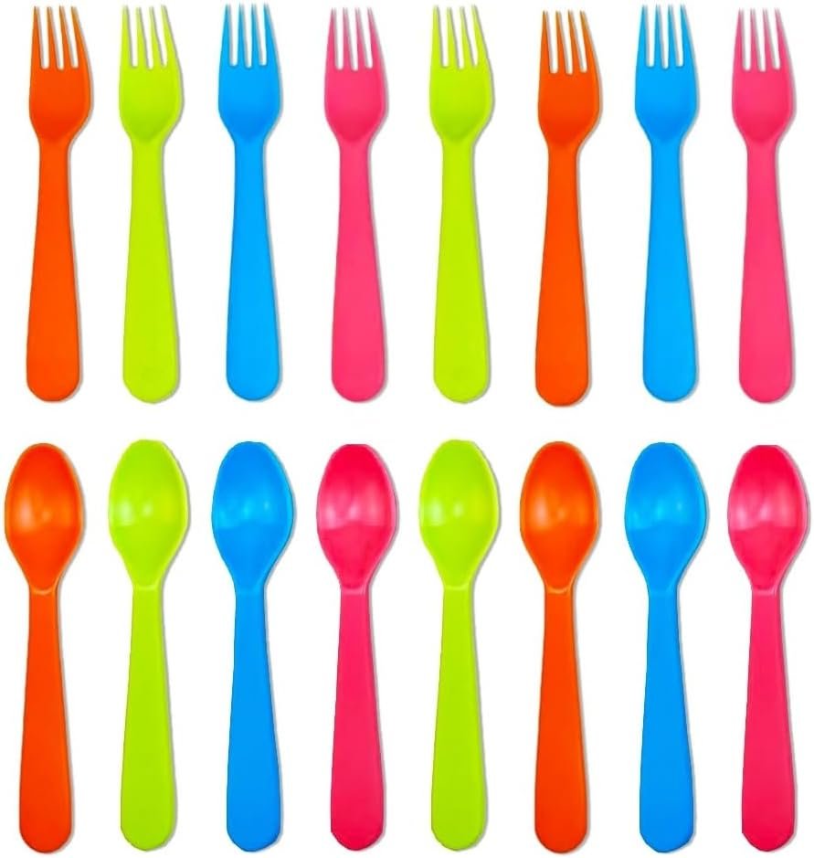 Jawbush 16 Pcs Kids Utensils, Plastic Kids Forks and Spoons, Reusable Toddler Utensils, Durable Flatware Set for Lunch Box, Easy to Use, BPA Free