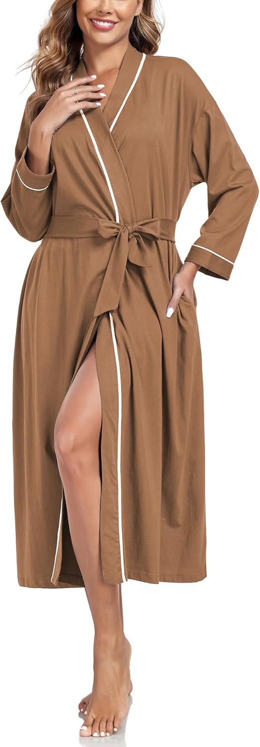 COLORFULLEAF Women's 100% Cotton Robes Lightweight Long Bathrobe Kimono Robe for Women Soft Loungewear with Pockets