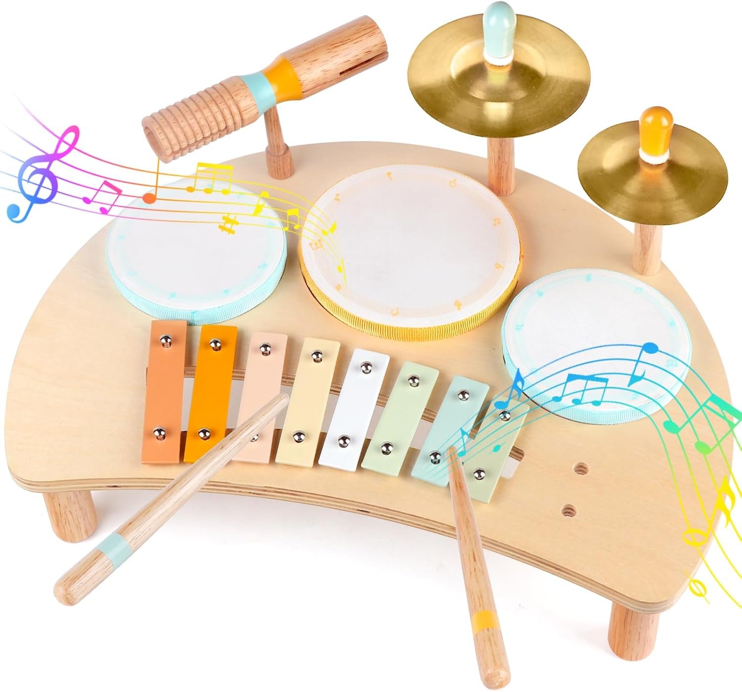 Kids Drum Set, Montessori Musical Instruments for Toddlers 1-3, Wooden Musical Toys for Baby 12-18 Months, Preschool Educational Xylophone Drum Kit, Birthday Gift for Boys Girls Ages 3+