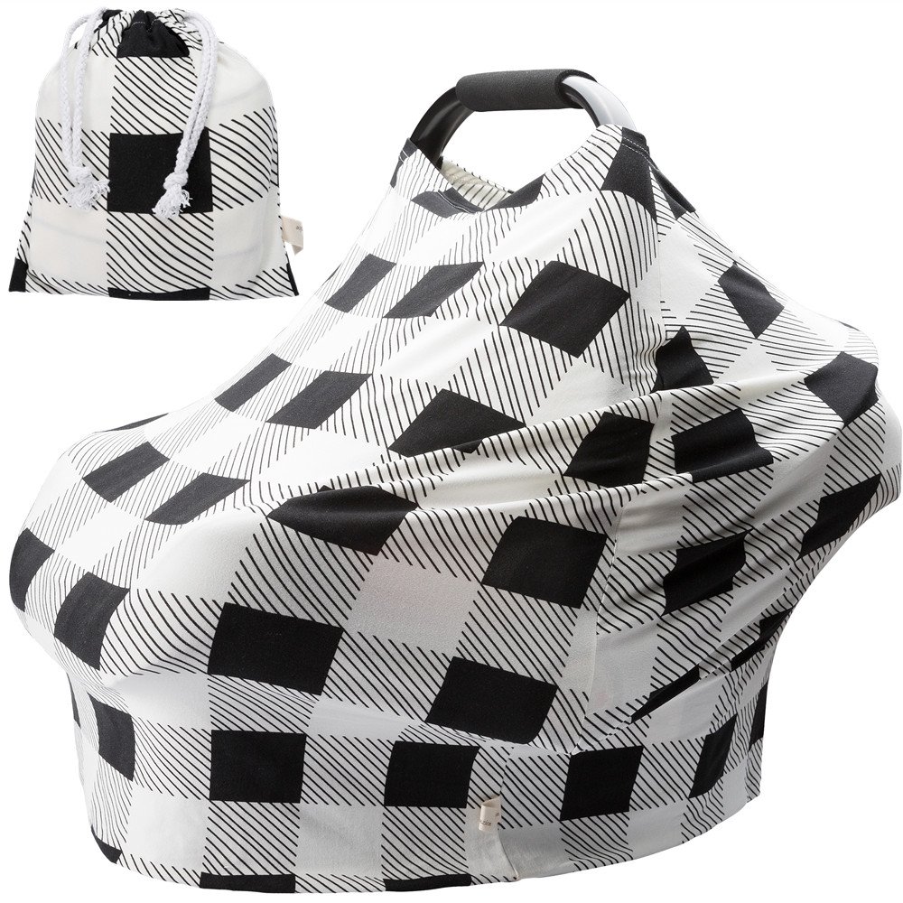 Nursing Cover Breastfeeding Scarf - Baby Car Seat Covers, Infant Stroller Cover, Strechy Carseat Canopy for Boys and Girls （Black and White Squares）