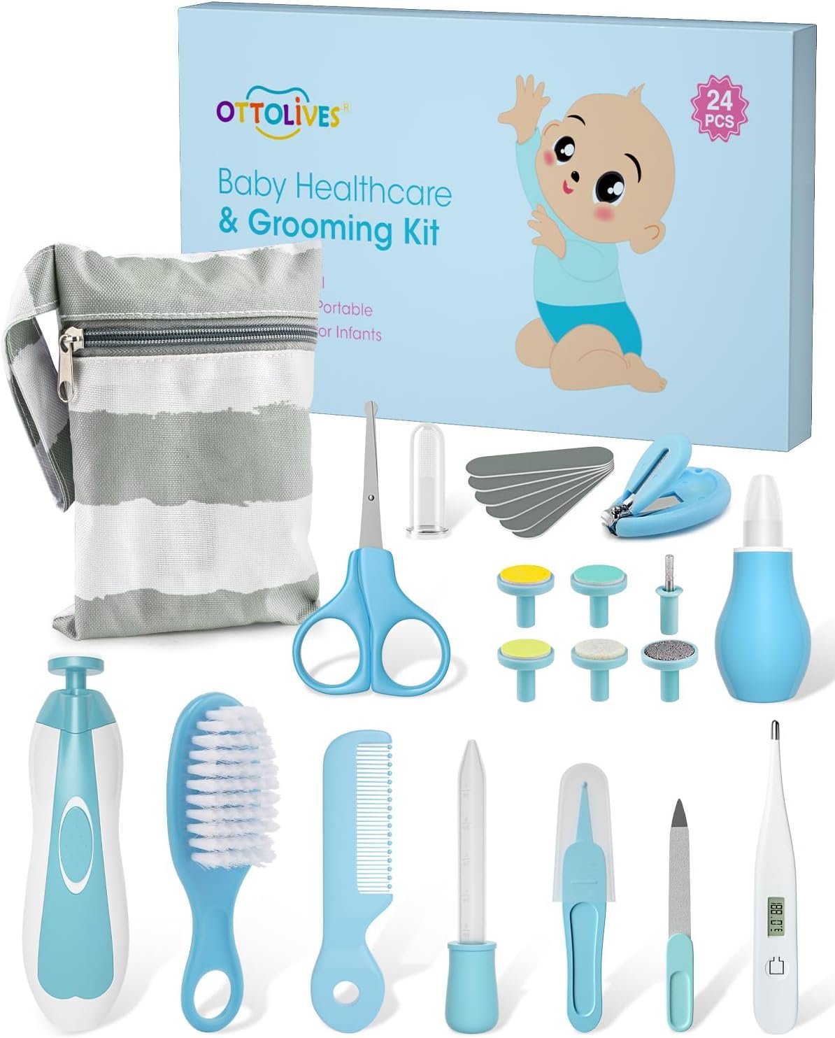 OTTOLIVES Baby Healthcare and Grooming Kit, 24 in 1 Baby Electric Nail Trimmer Set Newborn Nursery Health Care Set for Newborn Infant Toddlers Baby Boys Girls Kids Haircut Tools (0-3 Years+) (Blue)