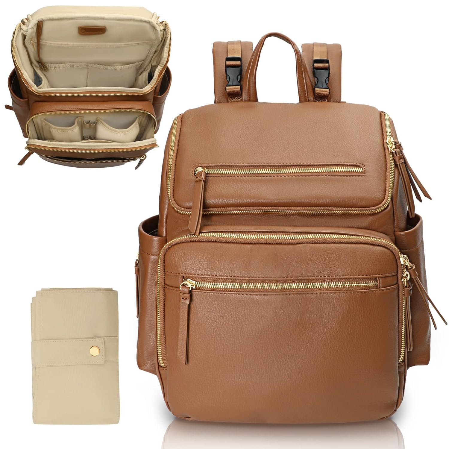 Diaper Bag Backpack Large Baby Diaper Bag Leather with 17 Diaper Bag Organizing Pouches,Changing Pad,Stroller Straps,4 Insulated Pockets,Brown