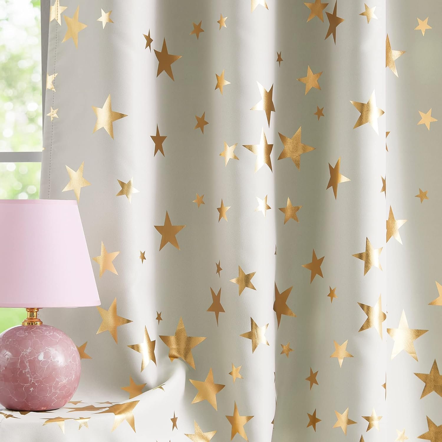 Treatmentex Ivory Blackout Curtains for Bedroom, Sparkling Gold Star Blackout Window Panel Drapes for Kids Girls Baby Nursery Room 50x84, Gold Ivory, 2panels
