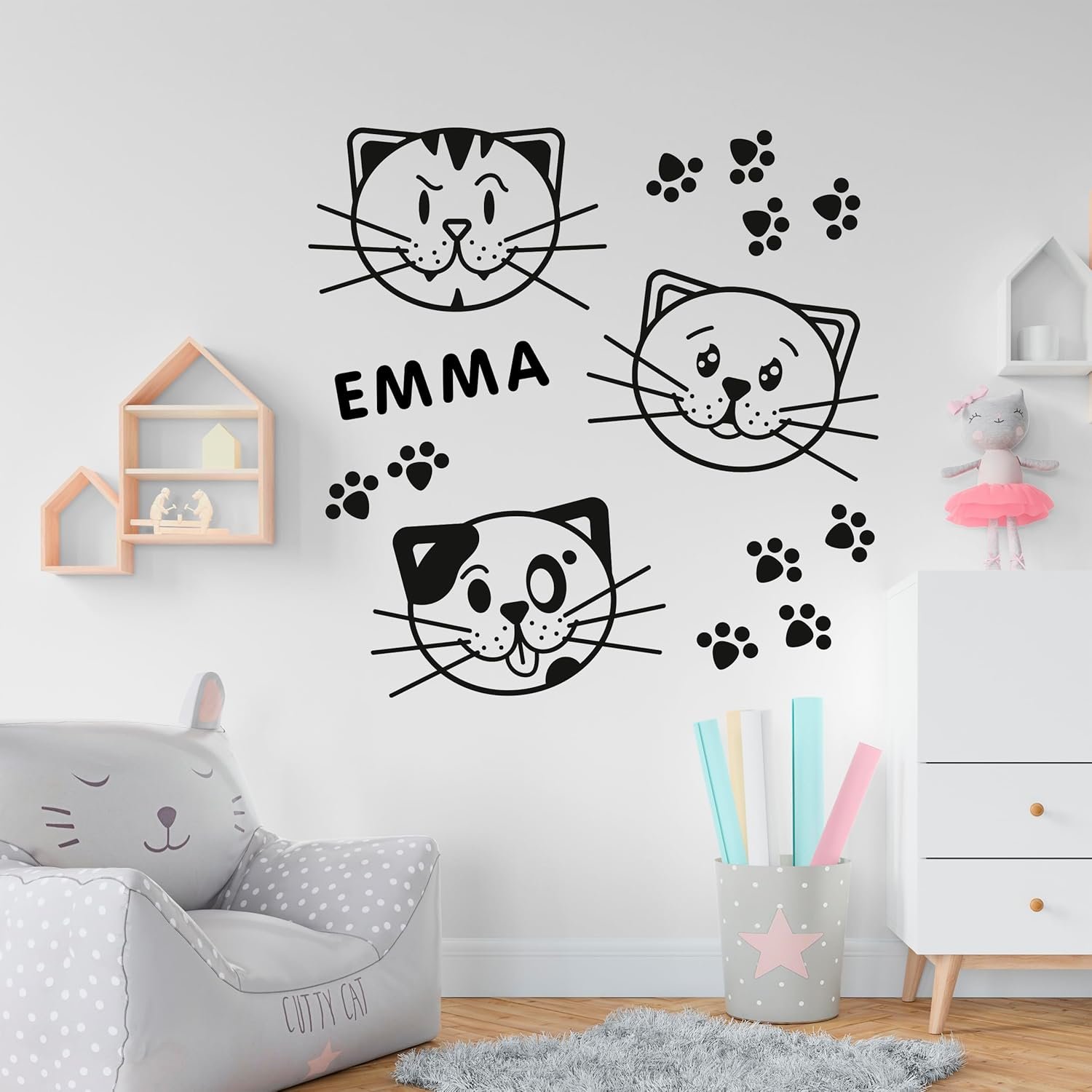 Three Cats Drawings Wall Name Decals for Girl - Three Cats Faces Wall Name Stickers for Kids - Cute Cats Drawings Pictures Baby Name Wall Decals