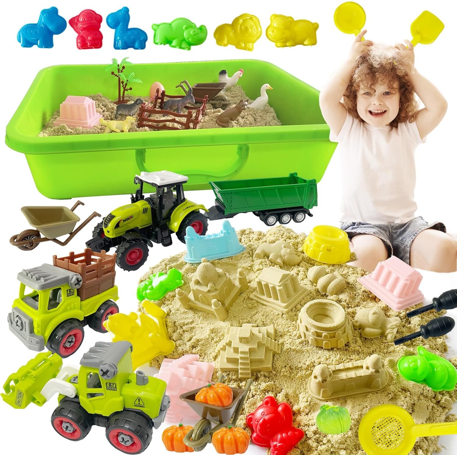 Farm Sensory Bin with 2.2lbs Play Sand for Toddlers 3-5+, Tractors Playset, Farm Animals, Barn Accessories and Sand Castle Building Kit, Sandbox with Lid for Kids Ages 4-8